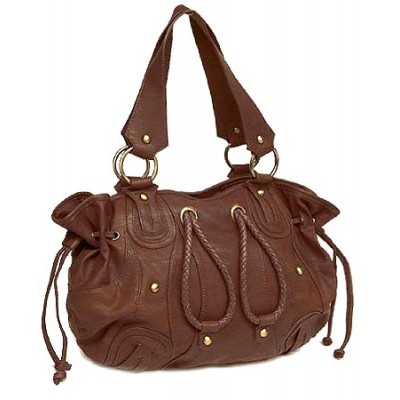 Leather-Like Tote w/ Sided Draw Strings - Brown - BG-SLB1013BR